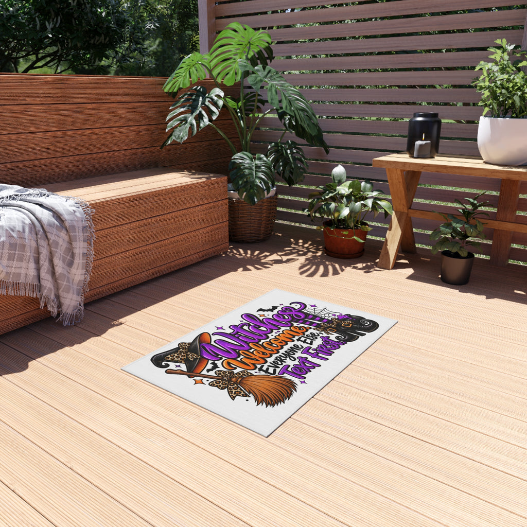 Witches Welcome Outdoor Rug — "Witches Welcome, Everyone Else Text First" Halloween Doormat
