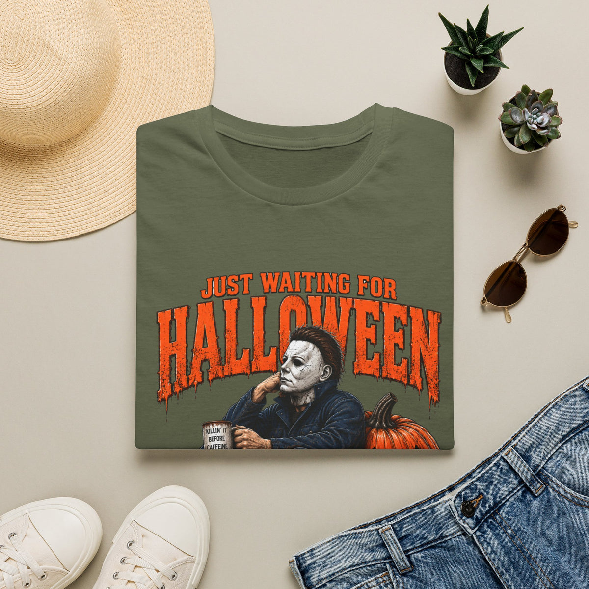 Halloween T-Shirt — "Just Waiting for Halloween" Horror Party Tee