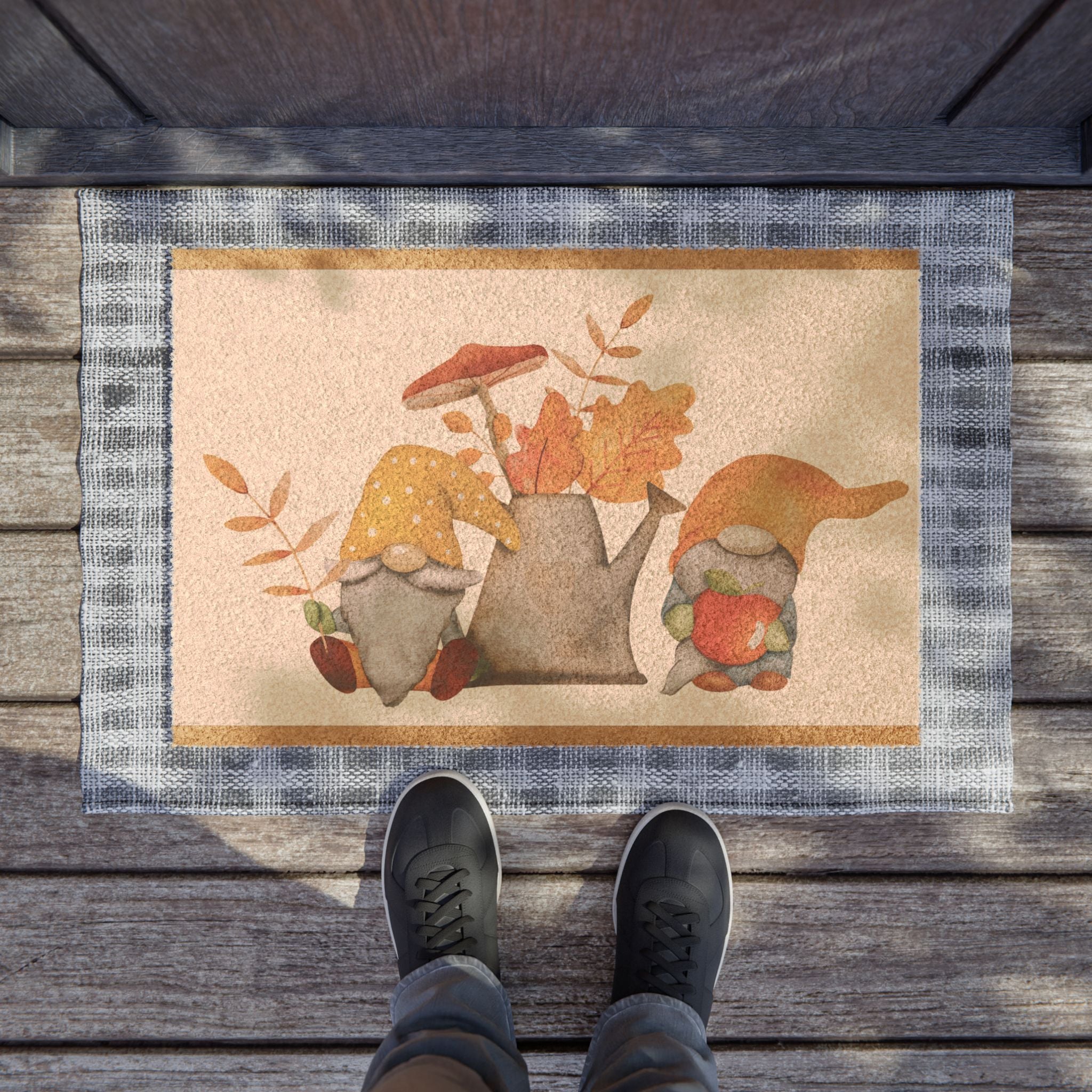 Autumn Gnome Doormat – Fall Welcome Coir Rug with Pumpkins & Leaves