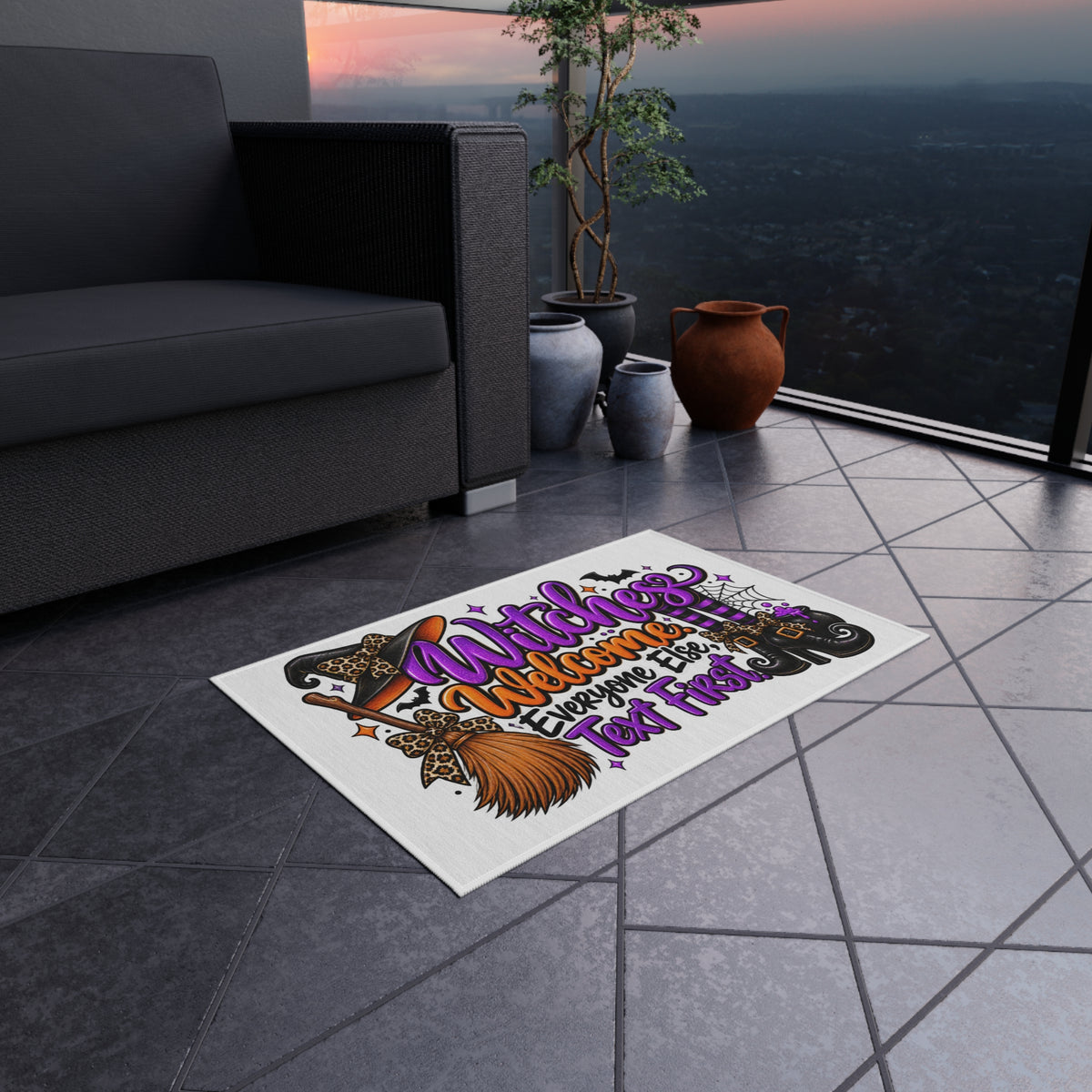 Witches Welcome Outdoor Rug — "Witches Welcome, Everyone Else Text First" Halloween Doormat