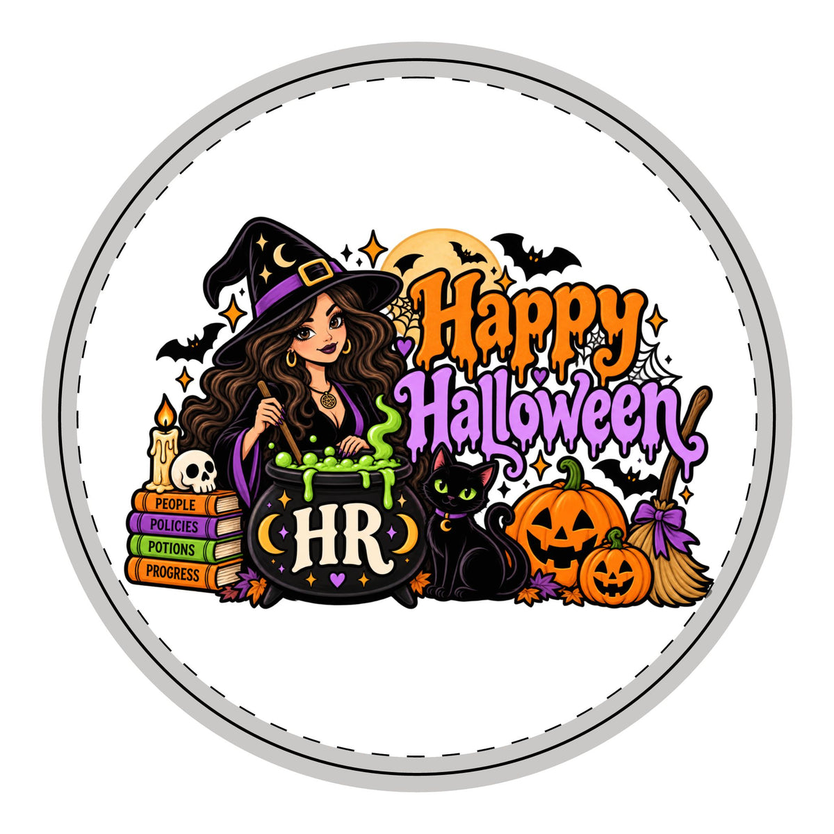 Happy Halloween Wooden Hanging Sign — Witch, Cauldron & Pumpkins Home Decor
