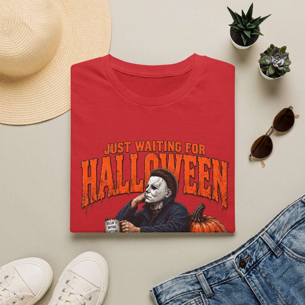 Halloween T-Shirt — "Just Waiting for Halloween" Horror Party Tee