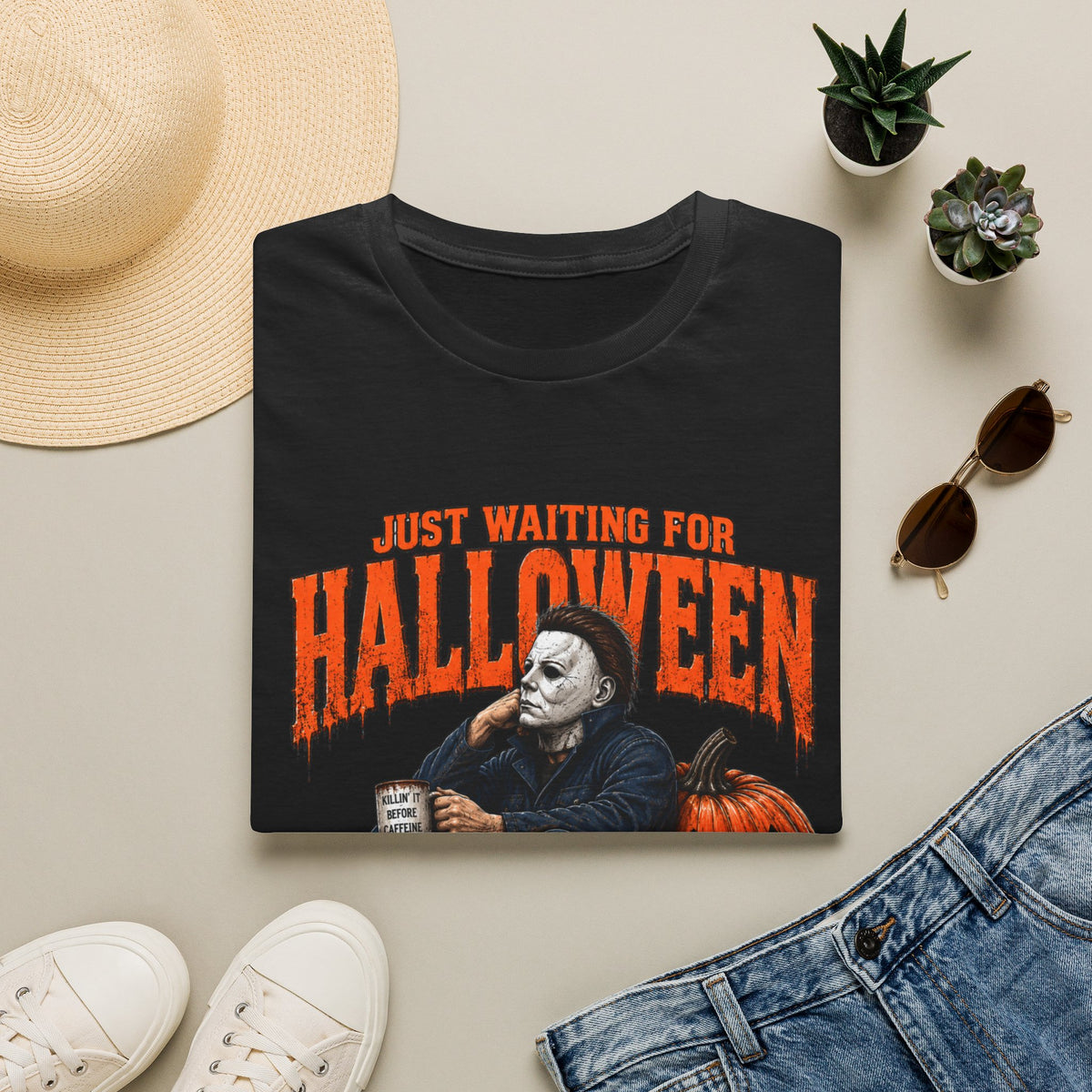 Halloween T-Shirt — "Just Waiting for Halloween" Horror Party Tee