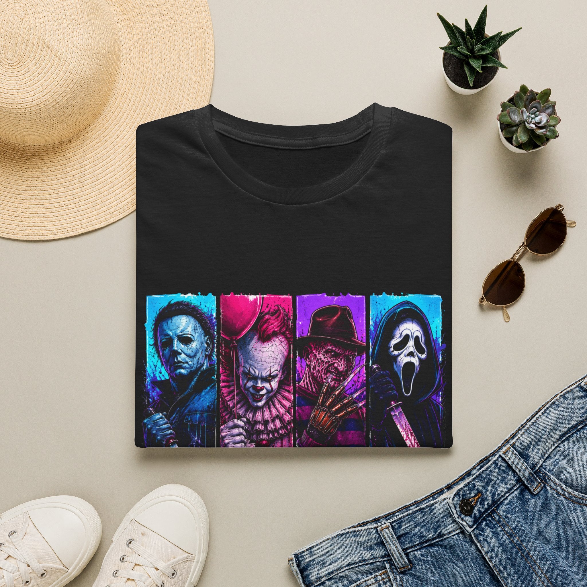 Horror Icons T-Shirt — “Spooky Season” Neon Slasher Tee